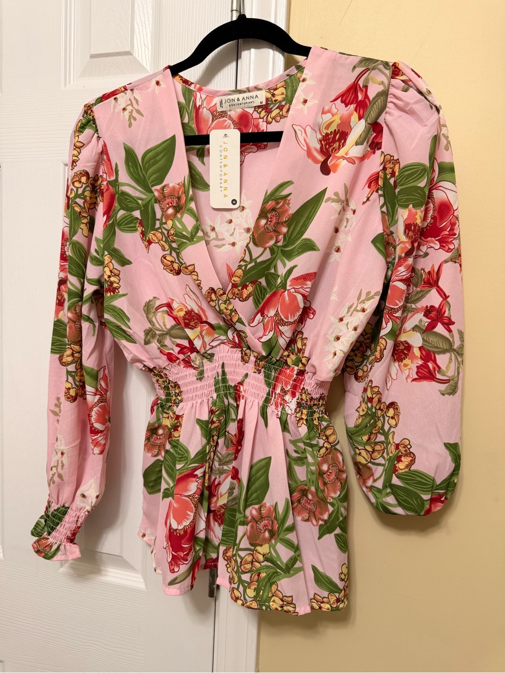 Jon & Anna Pink Floral Wrap Top with Green Accents